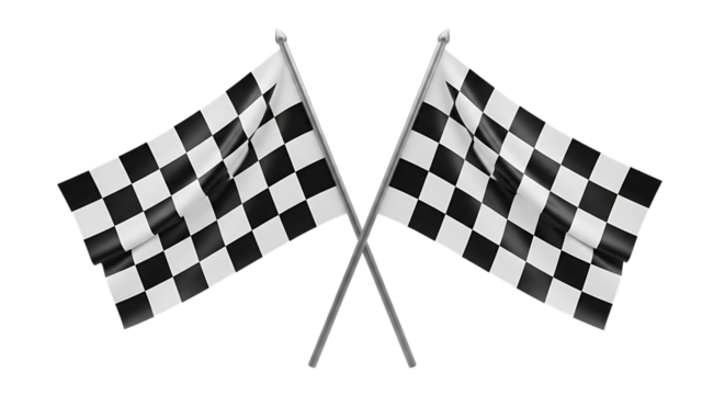 Two checkered racing flags crossed on poles with flowing fabric, isolated on a white or transparent background, cutout, PNG