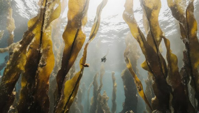 A lone fish swims through a sunlit giant kelp forest from an underwater perspective.