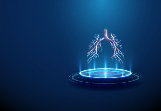 Red human bronchial tree on futuristic podium. Pulmonology, lung anatomy, medical research, diagnostic imaging, healthcare and medicine concept.