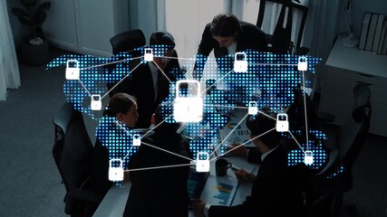 A dynamic office scene showing a diverse team collaborating on a project, enhanced by a digital overlay of locks and network connections representing cybersecurity and data safety. Raster - Powered by Adobe