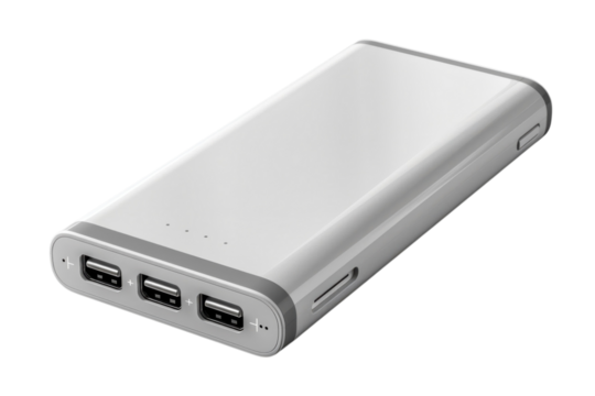 Silver portable power bank for charging mobile devices on the go offers multiple usb ports for convenience on transparent background