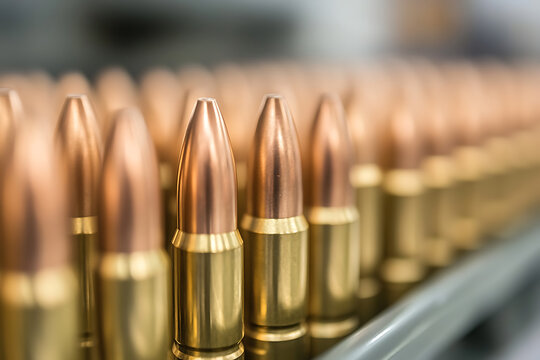 Rows of gleaming copper-tipped bullets, poised for action, evoke precision and intensity. A powerful visual narrative of potential and readiness. Brass casings add a rich tone.