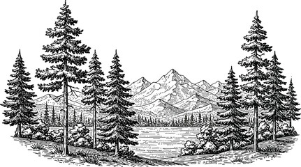 Dark forest landscape with towering pine trees and majestic mountains reflected in a calm lake at twilight