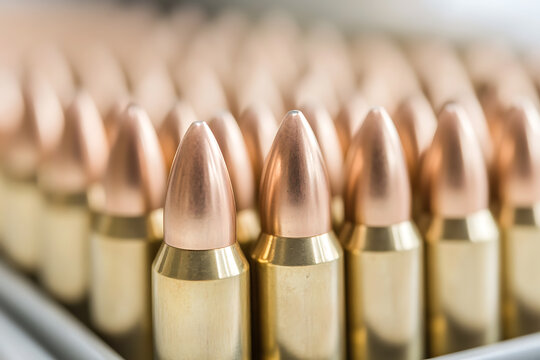 Rows of gleaming bullets, poised for precision. Metallic casings and copper tips aligned in perfect order. A close-up of ammunition ready for action. #Bullets #Ammunition