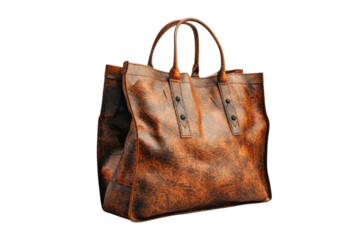 Distressed brown leather tote bag with handles and button accents on transparent background