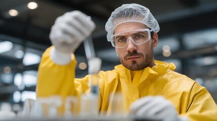 Scientist in protective suit operating cryogenic system with liquid nitrogen tanks, emotion of concentration and caution visible, representing safe handling of ultra-low temperature materials and