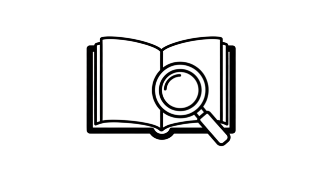 Open book with magnifying glass outline graphic, isolated on a white or transparent background, cutout, PNG
