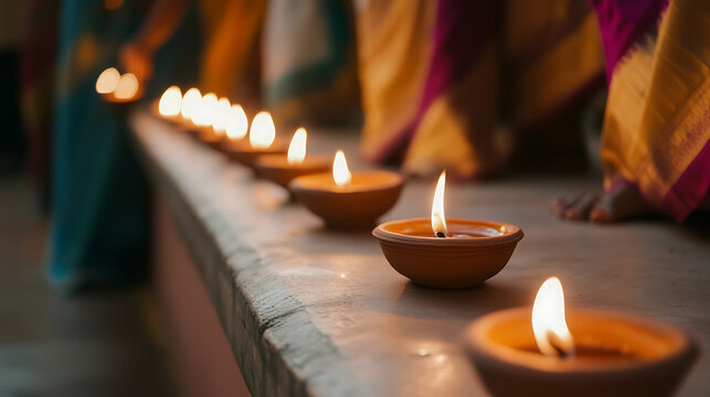 Illuminating row of earthen lamps, Diwali lights symbolize hope. These Diwali lights, bright flames in clay diyas, bring warmth and tradition to the celebration. - Powered by Adobe