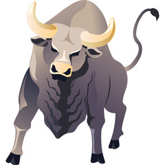 Powerful Grey Bull With Golden Horns Stands On A White Background With Transparent Background