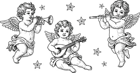 Three cherubic figures playing musical instruments trumpet lute and flute with stars in a monochrome outline illustration © Ishtiaq