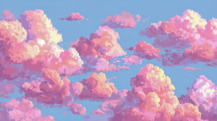 Fototapeta premium Vibrant pastel clouds drift across a serene blue sky, evoking feelings of peace and wonder in a beautifully painted atmospheric landscape.