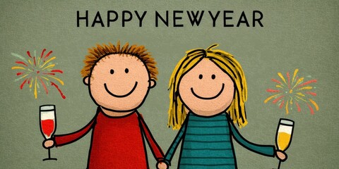 Stick figure couple celebrating with champagne under fireworks, “Happy New Year” text above, doodle style illustration with faint textured background and joyful motion lines