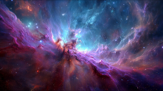 Stunning cosmic nebula with vibrant pink and blue gases illuminating distant stars, creating a breathtaking and awe inspiring deep space vista