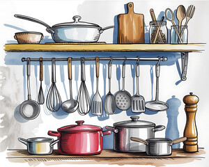 Watercolor illustration of a rustic kitchen shelf with cookware and utensils