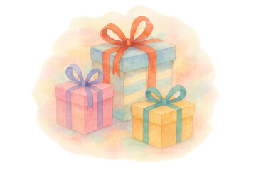 Obraz premium Watercolor gift boxes with ribbons, gift giving for birthday celebration, holiday present, transparent background
