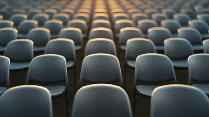 Naklejka premium Captivating rows of gray chairs aligned perfectly, bathed in the warm glow of sunlight, symbolizing unity and anticipation for an upcoming event or gathering. Space ready for guests.