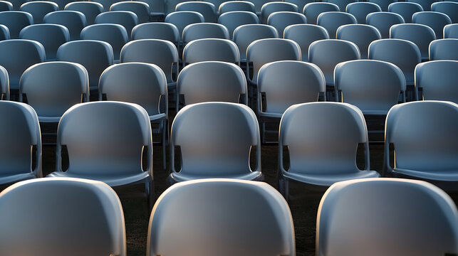 A sea of empty chairs lined up, awaiting an audience. Rows and rows of seating stretch out, creating a pattern. Light gently kisses the surfaces, highlighting their contours.
