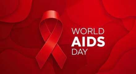 Red ribbon symbol of aids awareness and support for world aids day on a red background