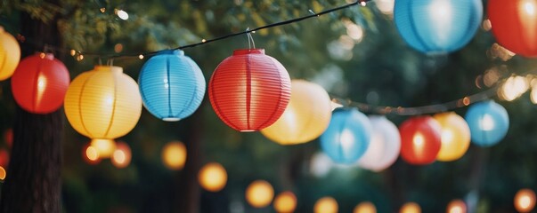 Colorful paper lanterns hanging for outdoor party decoration display