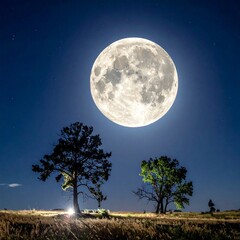 super full moon rising over field and trees at night bright moonlight shining in dark blue sky peaceful calm natural landscape