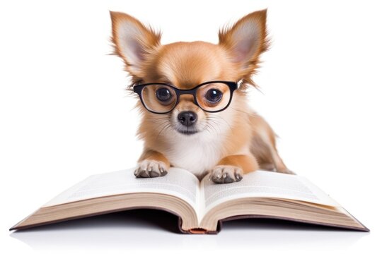 Glasses book dog publication.