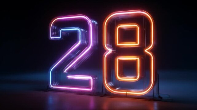 Neon number 28 illuminated against dark background