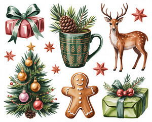 Watercolor christmas elements including deer tree gifts and gingerbread man