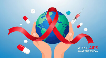 Hands holding the earth with a red ribbon symbolizing world aids day awareness and prevention