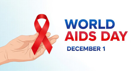 Hand holding a red ribbon symbolizing world aids day on december 1st with text