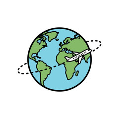 Obraz premium Vibrant cartoon illustration of an airplane circling a stylized Earth, symbolizing global travel, international flights, and worldwide adventure, ideal for aviation, exploration, and logistics
