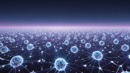 Abstract digital network of connected spheres in a futuristic landscape.