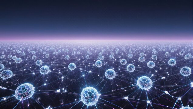 Abstract digital network of connected spheres in a futuristic landscape.