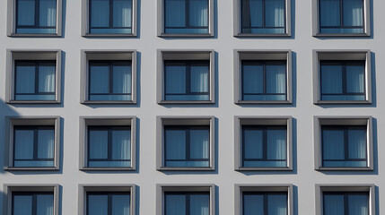 Fototapeta premium Facade of a modern building featuring a symmetrical array of square windows, creating a grid-like pattern on the building's surface, showcasing contemporary architectural design.