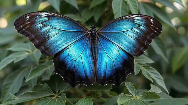 Mesmerizing iridescent blue morpho butterfly resting on lush foliage in the nature