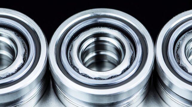 Metal bearings with precision engineering, on a dark background, close-up view, copy space.