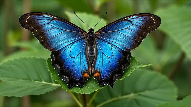 Captivating close-up shot of a vibrant blue morpho butterfly resting on green leaves