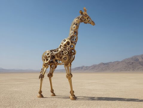 Steampunk Giraffe Statue Arid Desert Landscape Gold Gear Art Mechanical Animal Figure Outdoor Installation Vast Open Space Blue Sky Horizon Distant Mountains