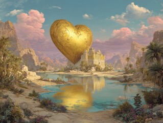 Surreal Digital Painting of a Large Golden Heart Floating Above a Reflective Lake with Desert Oasis and Mountains