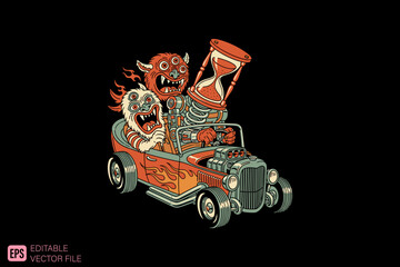 Cartoon Monster and Skeleton Driving Hot Rod with Hourglass.