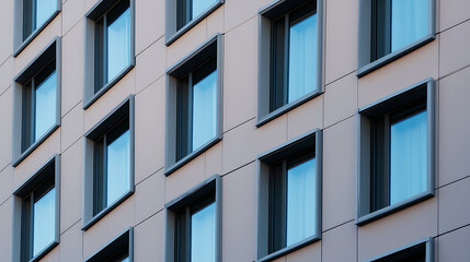 Geometric building facade with symmetrically aligned windows reflecting the blue sky. An abstract architectural perspective emphasizing pattern and design; modern and clean.