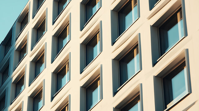 Architectural facade featuring a grid of windows. The repetition of windows creates a pattern, reflecting the daylight under a clear sky, revealing minimalist design and modern aesthetics.