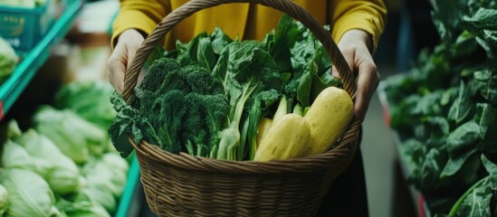 Close-up of a person holding a basket full of fresh green vegetables at the market