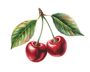 Two ripe red cherries with green leaves on a black background