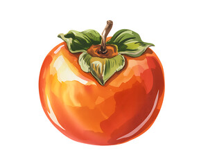Vibrant watercolor painting of a ripe orange persimmon fruit with green leaves