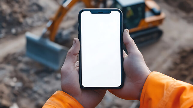 Mobile technology streamlines construction site operations. A worker uses a smartphone to monitor progress while an excavator works in the background, blending digital tools with manual labor.