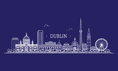 Naklejka premium Dublin Skyline Sketch with Cultural Landmarks for Tourism Use – Hand Drawn Cityscape Illustration Featuring Ha’penny Bridge, St. Patrick’s Cathedral, and Dublin Castle