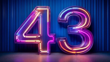 Neon number 43 illuminated against blue backdrop for digital design - Powered by Adobe