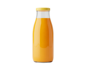 Glass bottle filled with bright orange juice or beverage isolated on black background
