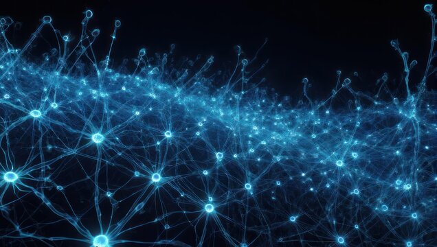 Abstract Neural Network with Glowing Blue Connections Representing AI and Data.
