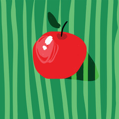 A stylized illustration of a red apple on a background of vertical green stripes. Bright, minimalist design suitable for posters, packaging, backgrounds, and decorative projects.